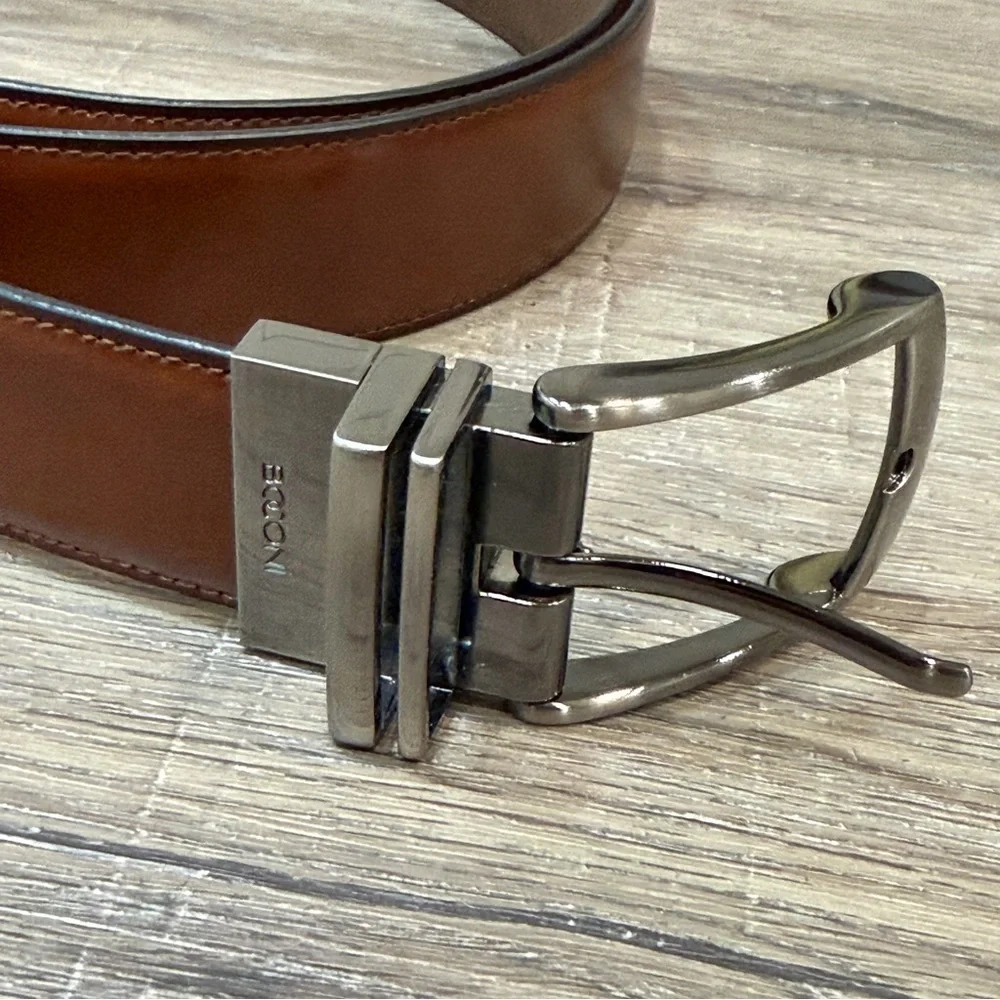 Like New Boconi Size 44 Genuine Leather Brown Leather Belt with Silver Buckle